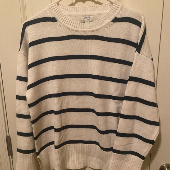 J. Crew Sweaters - J. Crew Cream Crewneck Sweater with Navy Stripes-Woman’s size M